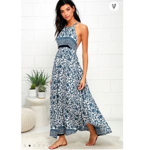 Lulus whirlpool ivory and blue halter cut out backless floral print midi dress